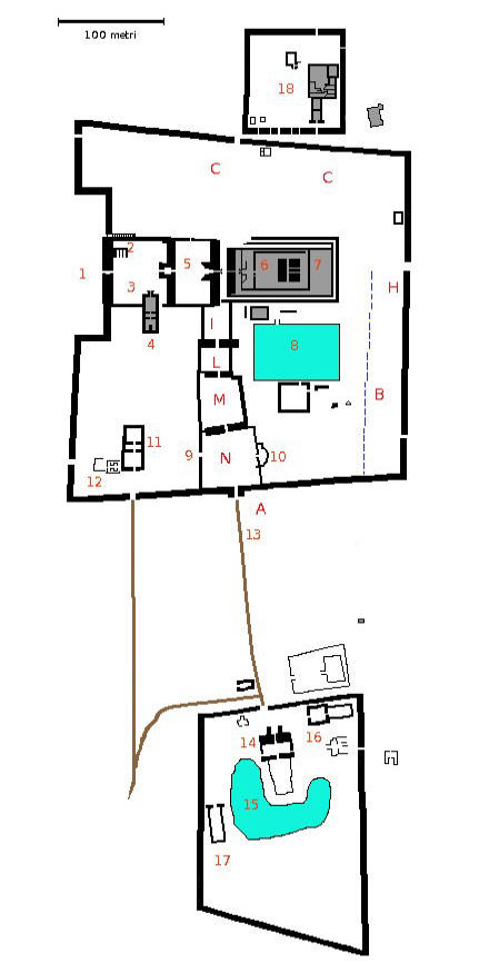 Primo pilone (ingresso monumentale; XXX Dinastia); 2 – Tempio di Sethy II (XVIII Dinastia); 3 – Grande cortile porticato; 4 – Tempio di Ramses III (XX Dinastia); 5 – Sala ipostila (iniziata da Sethy I, terminata da Ramses II -XIX-); 6 – Tempio di Amon (propriamente detto)(vedi fig. b); 7 – “Akh-Menu”, o “Sala delle feste” di Thutmosi III (XVIII Dinastia); 8 – Lago sacro di Amon; 9 – Propilei del sud; 10 – Tempio giubilare di Amenhotep II (XVIII Dinastia)11 – Tempio di Khonsu; 12 – Tempio di Opet; 13 – Viale delle sfingi “criocefale”; 14 – Tempio di Mut;15 – Lago sacro di Mut; 16 – Tempio di Amenhotep III (XVIII Dinastia); 17 – Tempio di Ramses III (XX Dinastia); 18 – Tempio di Monthu.