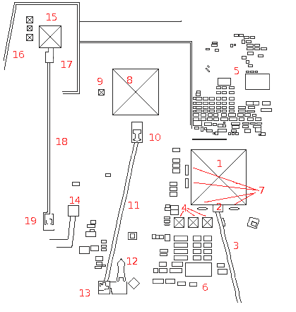 Legenda:1 - Piramide di Cheope2 - Tempio funebre di Cheope3 - Via cerimoniale4 - Piramidi secondarie 5 - Necropoli occidentale6 - Necropoli orientale7 - Fosse delle barche solari8 - Piramide di Khepren9 - Piramide secondaria10 - tempio funebre di Khepren11 - Via cerimoniale12 - Sfinge 13 - Tempio a valle di Khepren14 - Tomba della regina Kentkaus15 - Piramide di Mykerinos16 - piramidi secondarie17 - Tempio funebre di Mykerinos18 - Via cerimoniale19 - Tempio a valle di Mykerinos